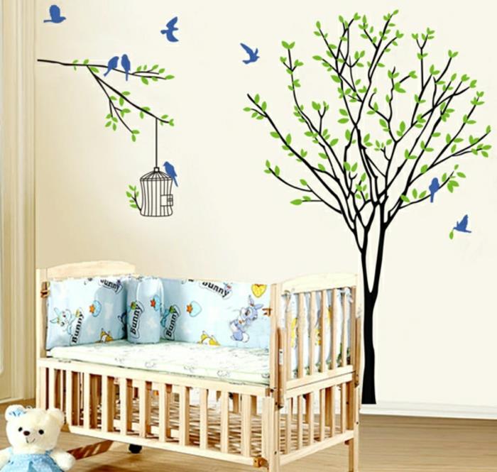 yeşil yapraklı ağaç ve ördek mavisi uçan kuşlar ile ördek mavisi kız yatak odası çıkartmaları