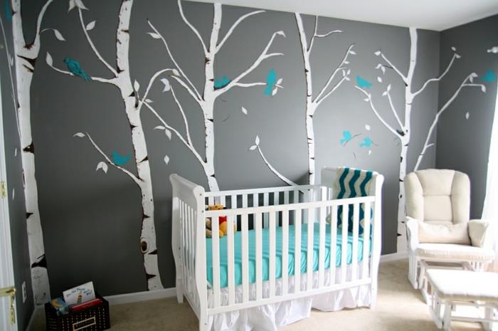 Beyaz gövdeli ağaçlar ve dallarında ördek mavisi renginde kuşlar olan bebek odası çıkartmaları, yatak çarşaflarında bulunabilir.