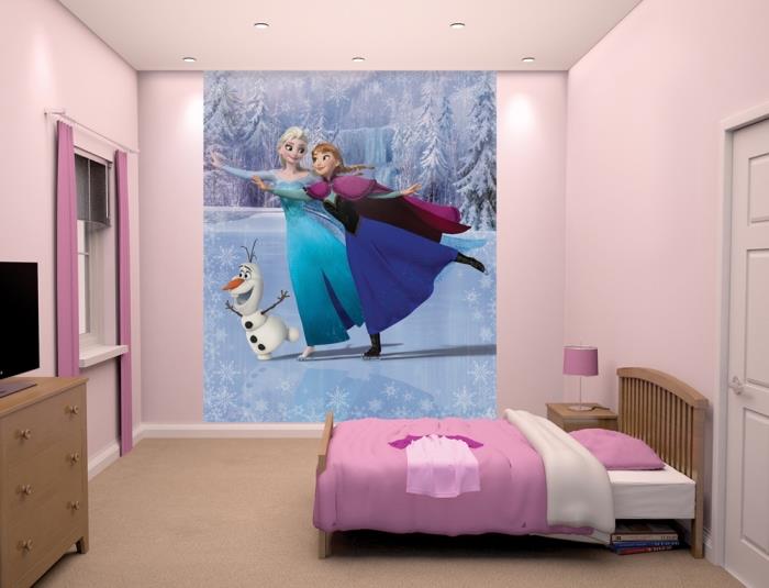 kız gardırop, Frozen esintili çocuk odası düzeni, pembe ve beyaz battaniyeli küçük ahşap yatak