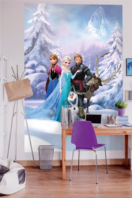 kar kraliçesi çıkartması, Dondurulmuş tasarımlı öğrenci ofis alanı dekorasyonu, beyaz duvarlı ve ahşap zeminli çocuk odası