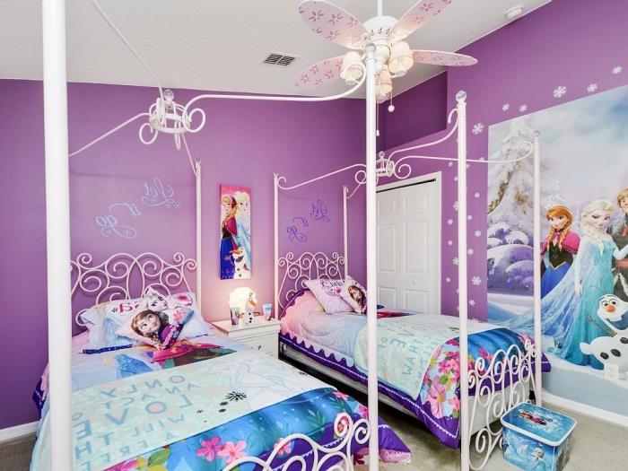 kız yatak odası dekoru, beyaz kaydırma desen çerçeveli kız yatağı, kar kraliçesi nevresim