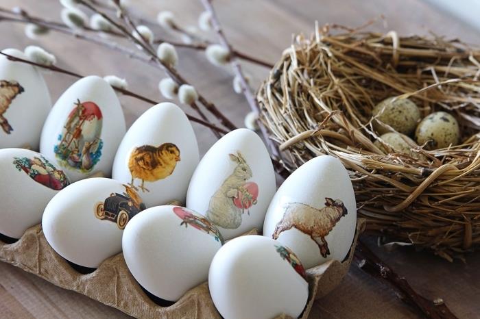 paskalya tavşanı ve tavuk motifli kendinden yapışkanlı çıkartmalarla süslenmiş beyaz kabuklu yumurta modelleri