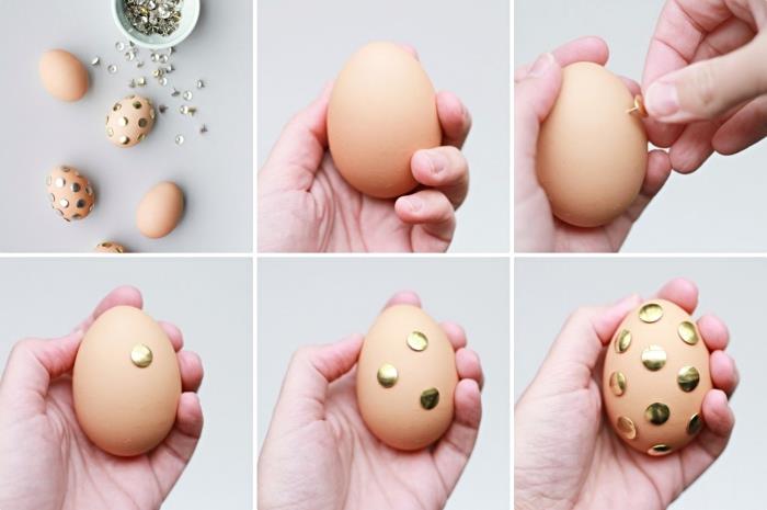 Paskalya yumurtalarının orijinal bir dekorasyonunu yapmak için altın yapay elmasların nasıl kullanılacağı, yapay elmasları bir yumurta kabuğuna koymak için izlenecek adımlar