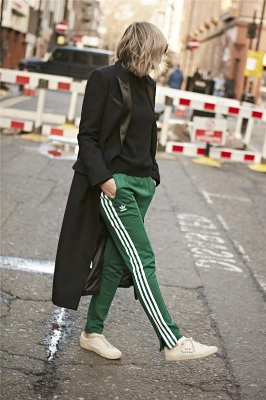 sokak stili kadın spor pantolon marka koşu adidas yan çizgili beyaz siyah uzun kaban