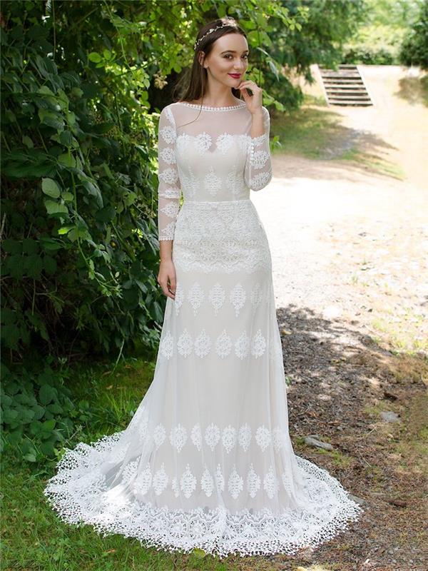 bohemiška vestuvinė suknelė su siuvinėjimais ant skaidraus audinio su gėlių raštais, šalies šukuosena