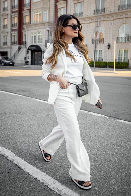 Gatvės mados, laisvalaikio stiliaus kelnės, balti marškinėliai ir švarkelio komplektas, moteriškas kelnių kostiumas, moteriškų kostiumų rinkinys