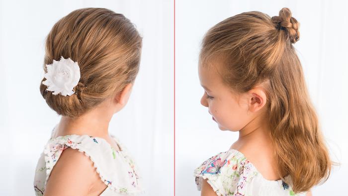 Idėja, kaip suformuoti dukrai ilgus plaukus, bandelę ar pusiau bandelę ir pynimą, gražią vaikišką šukuoseną, lengvą šukuoseną vidutinio ilgio plaukams,