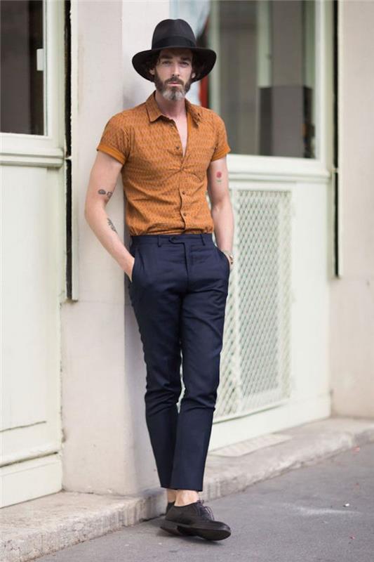 style-man-hipster-ultimate-chinon-short-shirt-vintage-hat-brada-care-čevlje-usnje