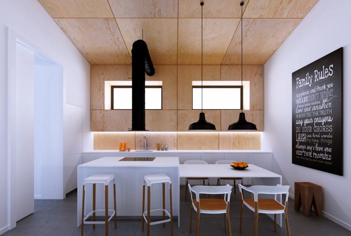 leseno -beli model kuhinje z ogljeno sivimi talnimi ploščicami in belo barvo za stene, model delnih stenskih oblog iz svetlega lesa