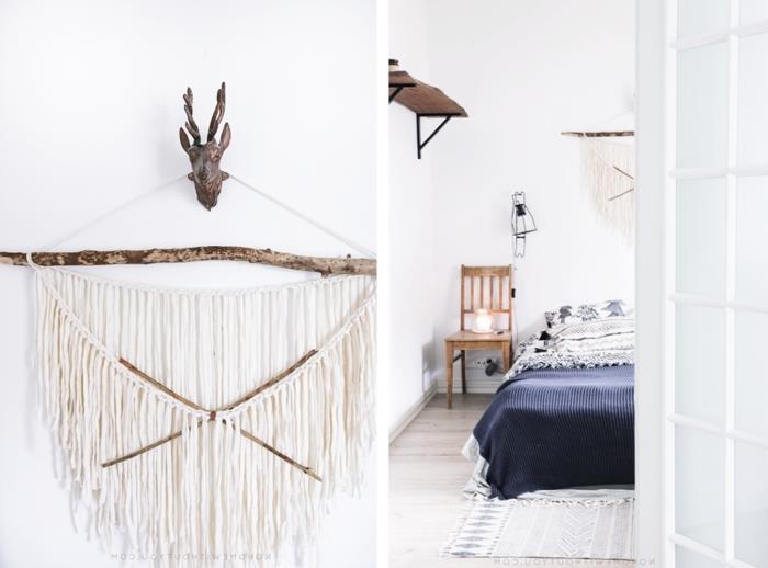 minimalist tarzı modern bohem dekor yatak odası ahşap sandalye diy başlık dalgaların karaya attığı odun halat pamuk makrome saçak halı