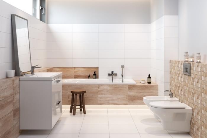 beyaz ve bej banyoda çağdaş ve şık tasarım, beyaz banyo karoları, sınırlı alanın saklama ucu optimizasyonu