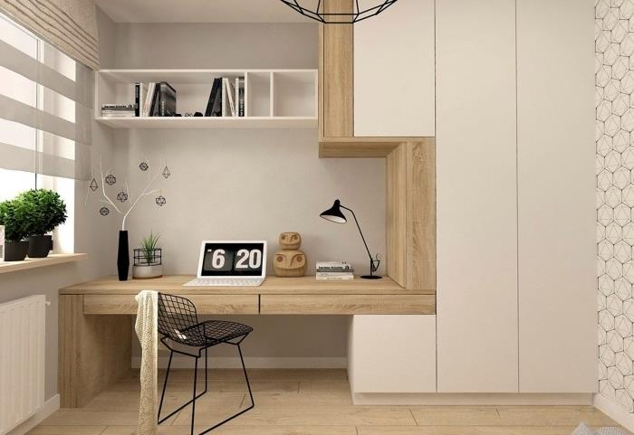 modaya uygun mobilyalarla bir ev ofisi nasıl yapılır, beyaz ve ahşapta ev ofis düzeni fikri