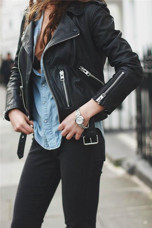 modni trendi, puščeni in kodrasti lasje, črne usnjene hlače in jakna