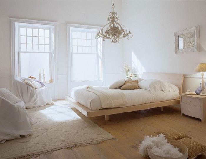 koza aksesuarları ile beyaz duvarlar ve ahşap zeminler ile yetişkin yatak odası nasıl dekore edilir