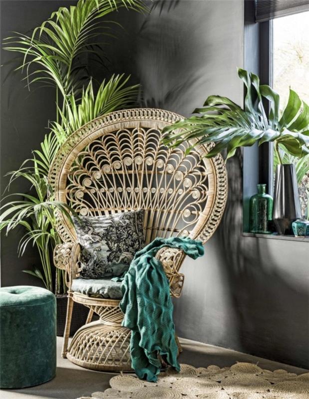 madingas augalinio pluošto povo kėdės modelis, egzotiško stiliaus rotango svetainės apdaila su verdigris sienomis