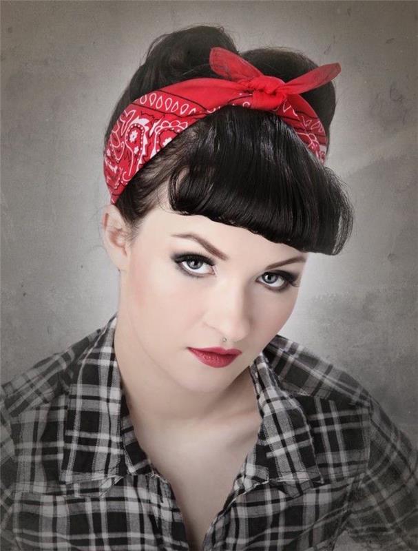 60'ların saç modeli rockabilly pin up retro kesim kırmızı bandana vintage saçak kadın