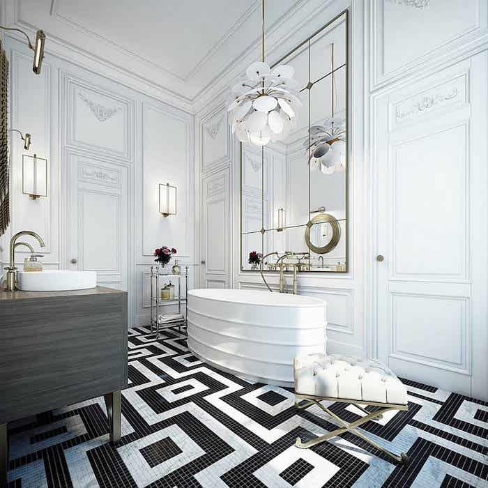 Siyah beyaz mozaik karolar, modaya uygun banyo ilhamı, banyoyu yenilemek ve şık hale getirmek için sade dekor