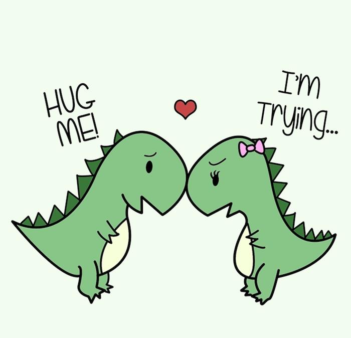 Aşık iki yeşil dinozorun komik görüntüsü, komik metinli çizgi film çizimi, çoğaltılması kolay çizim