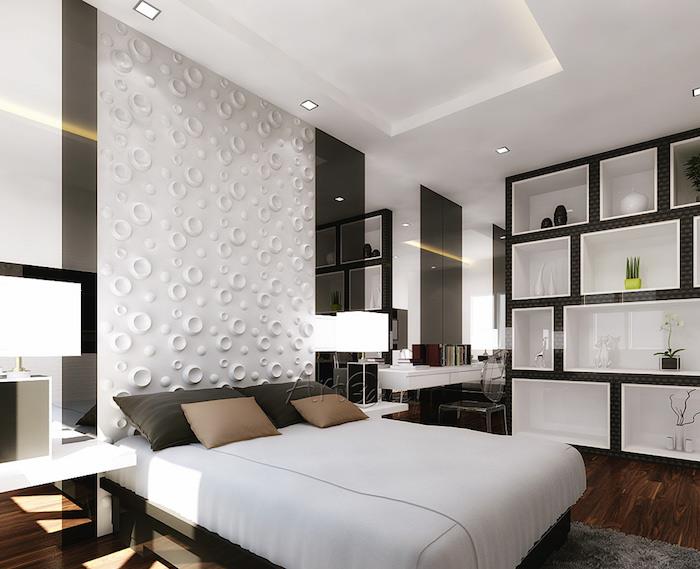modernus miegamojo modelis su dizaino lentynomis, dizaino sienų dekoravimo idėja