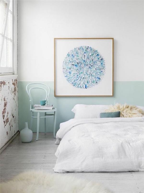 dviejų spalvų skandinaviško stiliaus miegamasis, nudažykite kambarį balta ir pastelinė žalia spalva, minimalistinis miegamojo dekoras