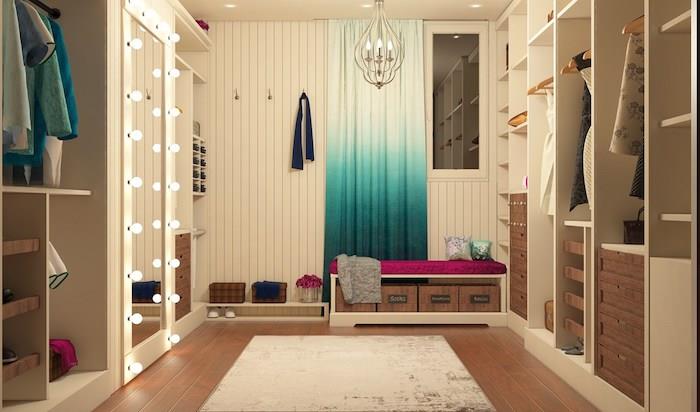 Dekoratyvinė idėja tėvų miegamojo persirengimo kampo įkvėpimo dekoravimo suolelis spalvingoms užuolaidoms sėdėti