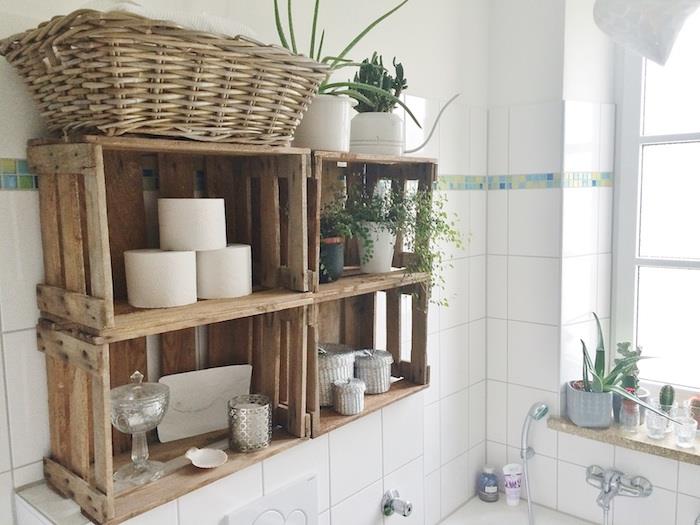 Omara za shranjevanje DIY v supergah iz recikliranega lesa, dekoracija majhne kopalnice, sodobna kopalnica