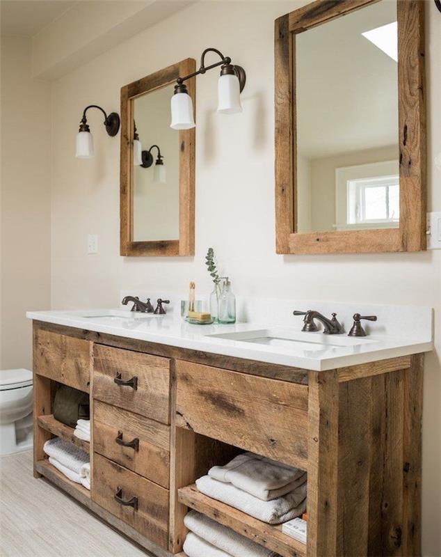 Zen banyo dekor ilhamı, beyaz ve ahşap banyo, banyoda konfor için depolama ünitesinde iki ayna ve iki lavabo