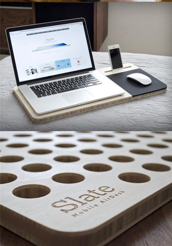 medinis kompiuterio stovas su integruotu pelės kilimėliu ir įkrovimo stotimi, gimtadienio dovanos idėja vyrams