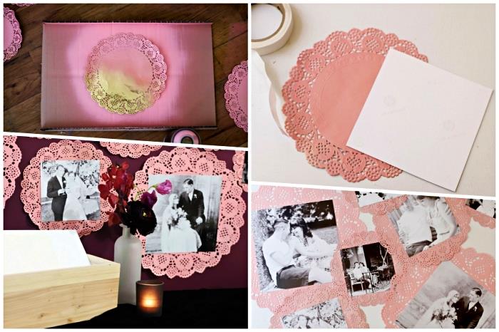 enostavne DIY za odrasle, rožnato pobarvane posteljice, spremenjene v vintage okvirje za fotografije, stenski dekor z okroglimi prtički