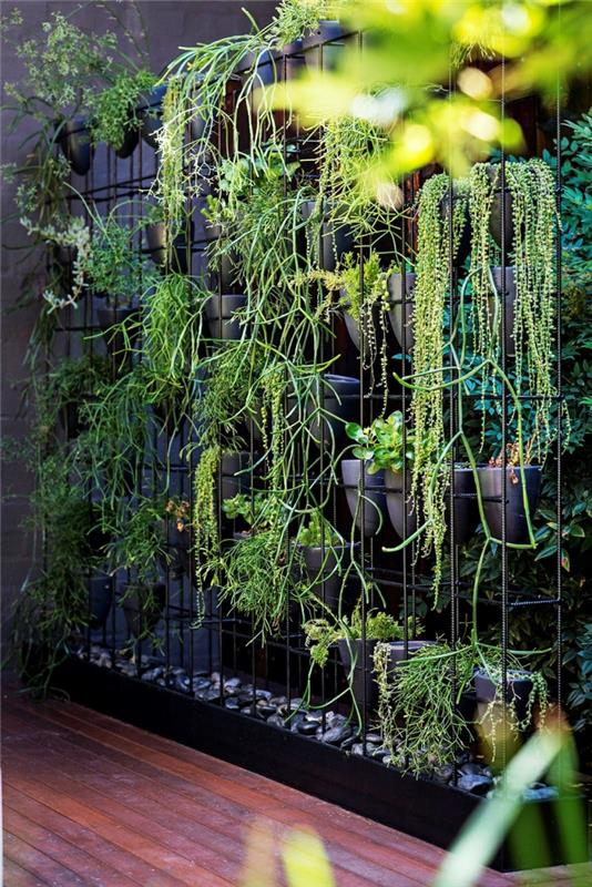 zunanja zelena stena v kovinski mrežasti strukturi s prostorom za lonce, idealna za ustvarjanje sproščujočega vzdušja na majhnem vrtu