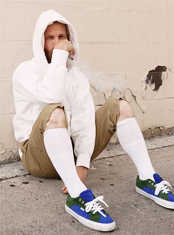 Vyrų paprastos baltos pačiūžos aukšta kojinė su ilgais dickies skate stiliaus šortais
