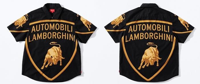 Büyük altın logolu Supreme Lamborghini siyah kısa kollu gömlek