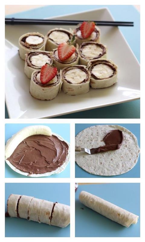 izvirni tradicionalni recept, sladki suši, zvit z nutello in bananami iz tankih palačink