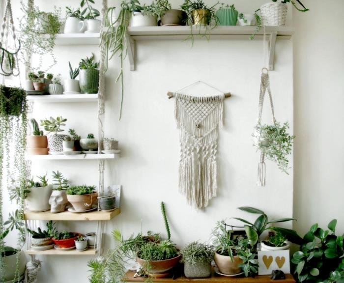 „Macrame“ sienų kabančių augalų apdaila svetainė bohemiško stiliaus laikymo vertikali lentyna