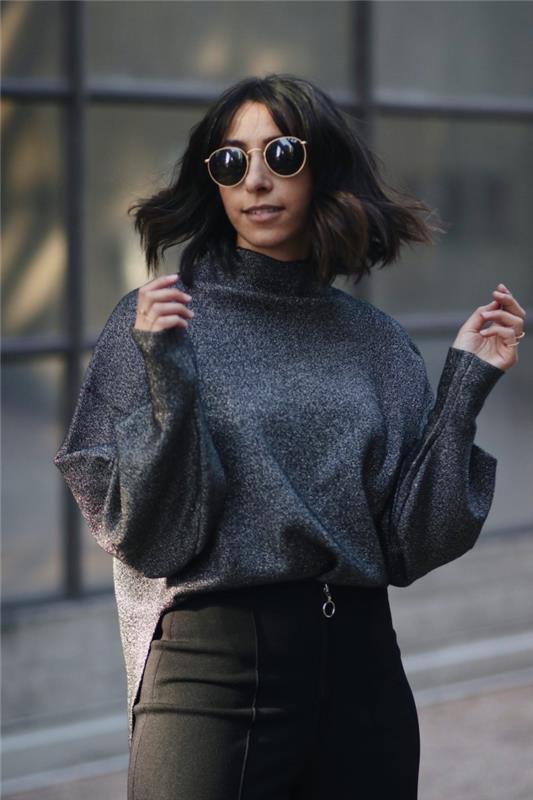 vizija stilinga moteris su stilingu juodos spalvos megztiniu kartu su ilgu sijonu aukštu juosmeniu ir akiniais nuo saulės