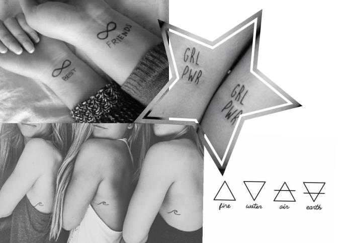 tatuiruotė moteris, geriausių draugų piešimas ant odos, minimalistinė tatuiruotė simbolinė mergaičių draugystė