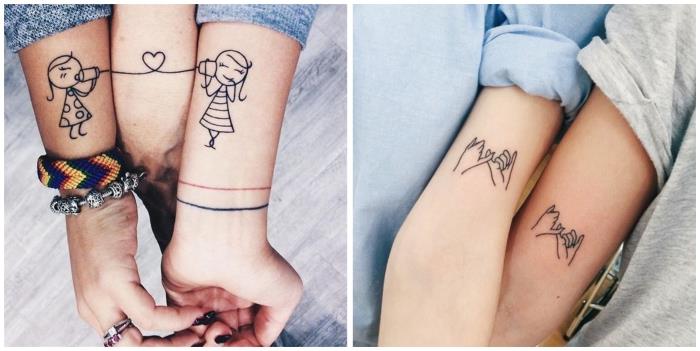 įprasta geriausio draugo tatuiruotė, rašalo piešimas ant odos su mažų mergaičių dizainu su telefonais ir širdimi