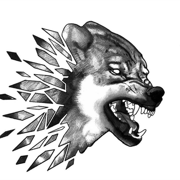 volk ​​simbol divjanja in sil zla, demonski volk z glavo, ki se konča v geometrijskih oblikah