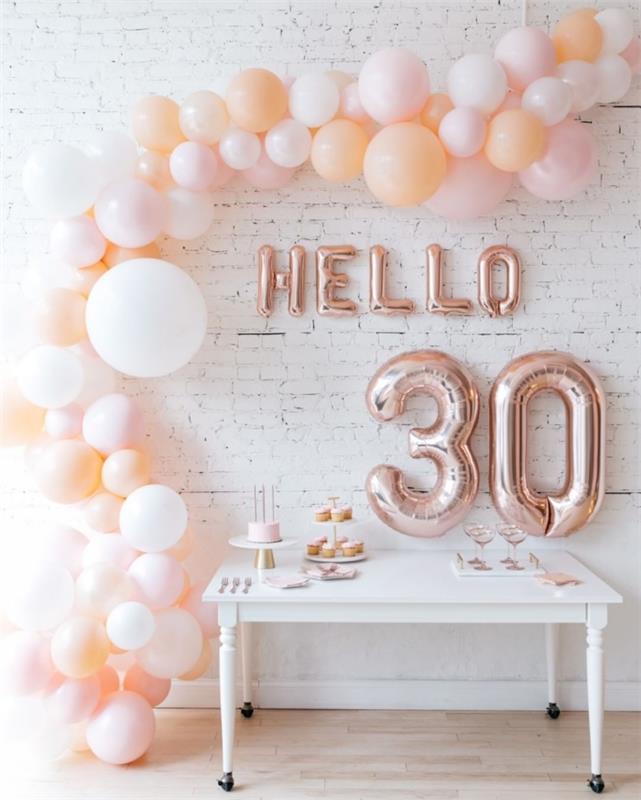 organizuokite mažo biudžeto gimtadienio vakarėlį namuose, baltą kambario dekoravimą pastelinės spalvos balionais 30 metų gimtadieniui