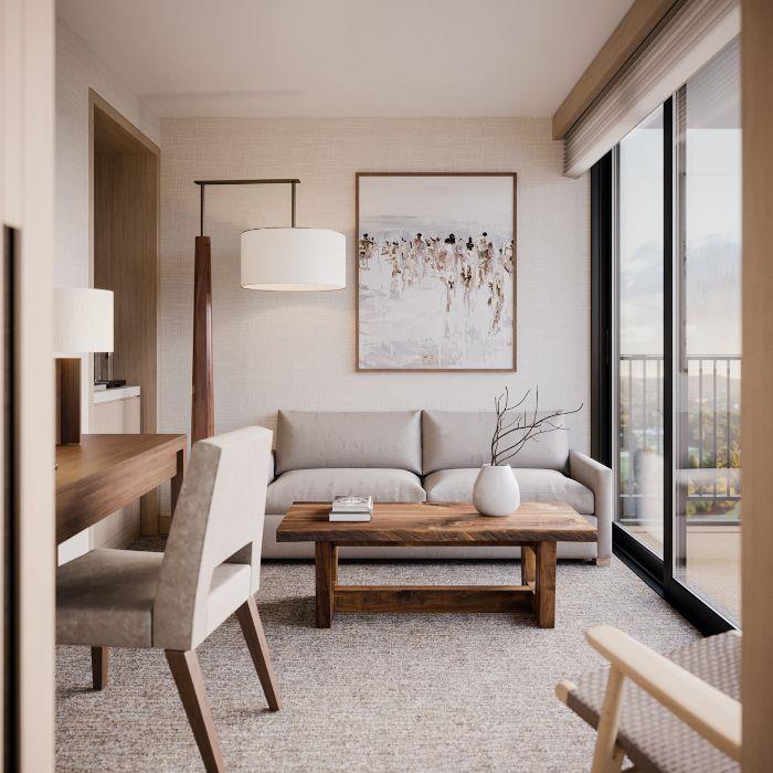 ahşap sehpa gri kanepe gri halı gri sandalyeler çağdaş sanat masası minimalist mobilya tarzı