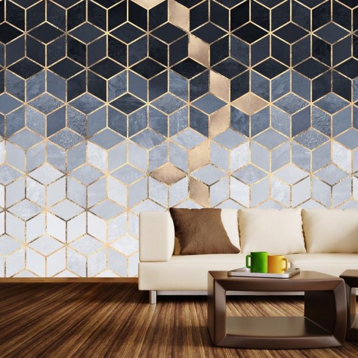 gyvenamojo kambario apdaila natūraliomis ir neutraliomis spalvomis su sienų danga iš modernių pilkų ir auksinių tapetų su geometriniu dizainu