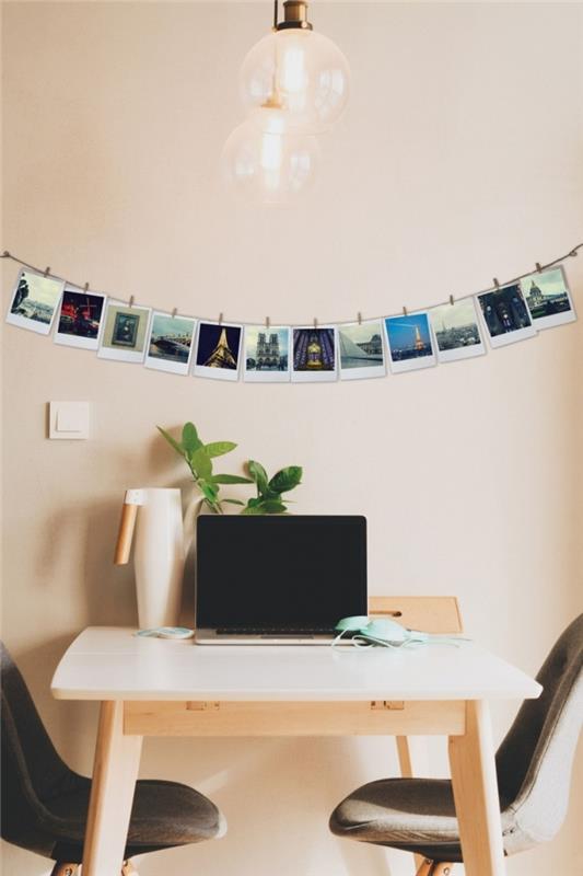 ev ofisinizi nasıl dekore edersiniz, basılı fotoğraflar ve tahta klipslerle yapabileceğiniz kolay bir fotoğraf çelengi örneği