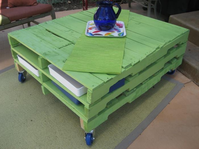 padėklų sodo baldai, padėklų sodo baldai, stačiakampis kavos staliukas, medis nudažytas žaliai žaliais, mėlynais ratais, kad būtų mobilus