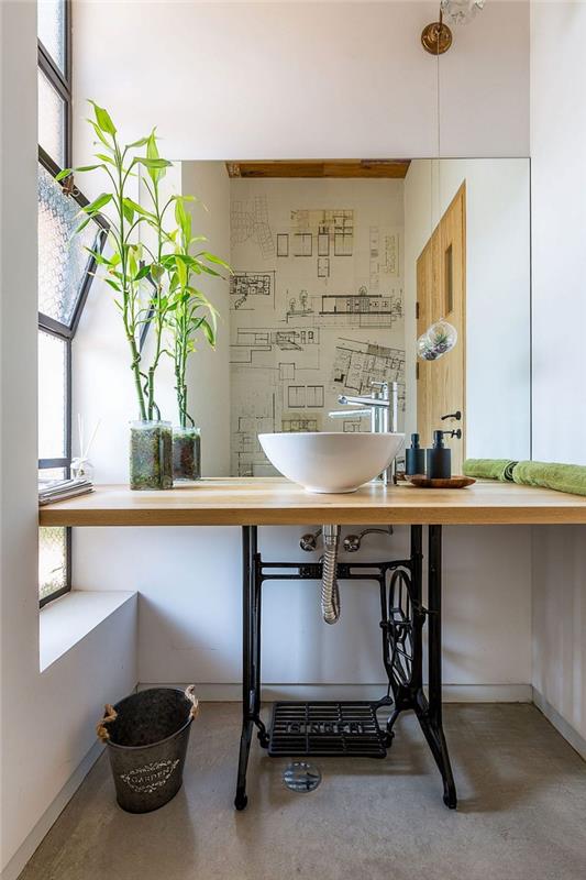 dekoracija kopalnice, ki izžareva zen in naravno vzdušje, ideja za reciklirano omarico za umivalnik iz mize šivalnega stroja