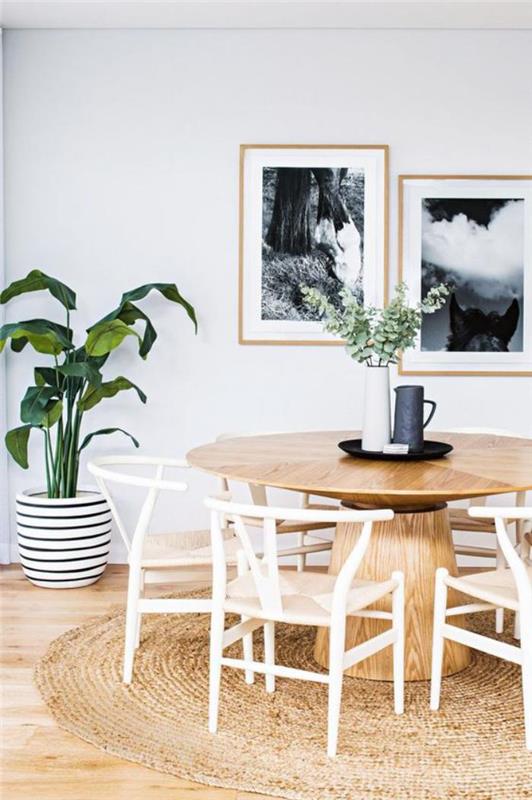 yemek odası-masa-yuvarlak-ahşap-masa-beyaz-sandalyeler