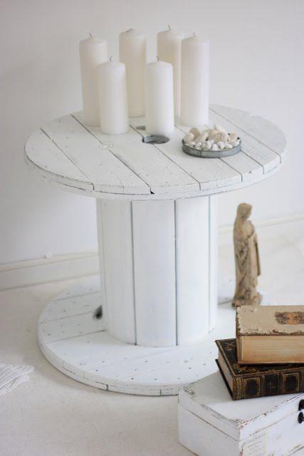 kolutna miza, prebarvana v belo, bela dekoracija sveč, kup knjig, patinirana bela lesena škatla, kipec