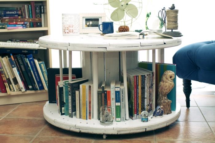 kaj storiti s kolutom, idejo za mizico s prostorom za shranjevanje knjig in okrasnih dodatkov