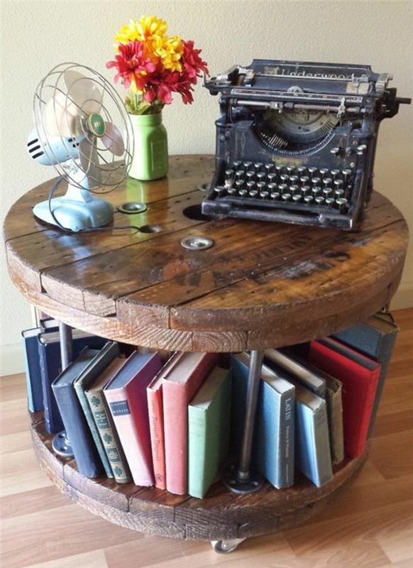 kaj narediti s kolutom, zamisel, kako narediti vintage mizo iz surovega lesa, shrambo za knjige, šopek rož