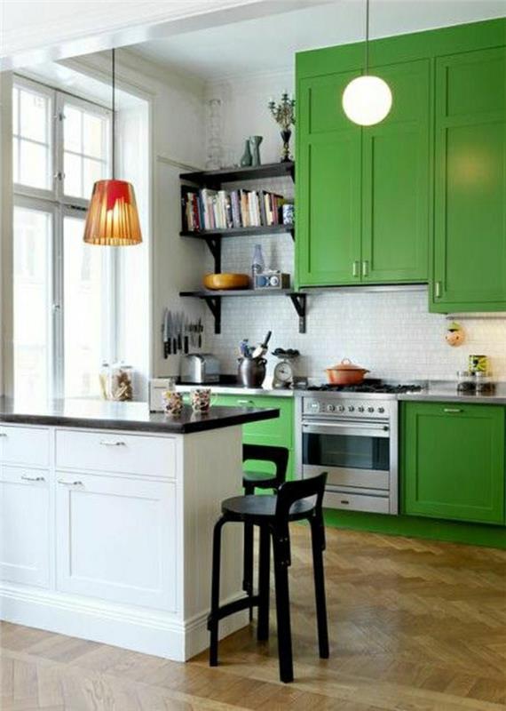 yüksek mutfak-bar-beyaz-mutfak-yeşil-mutfak-parke-zemin-avize