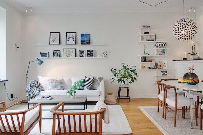 Šiaurietiški baldai gyvenamajam kambariui minimalistinio skandinaviško zomšos stiliaus